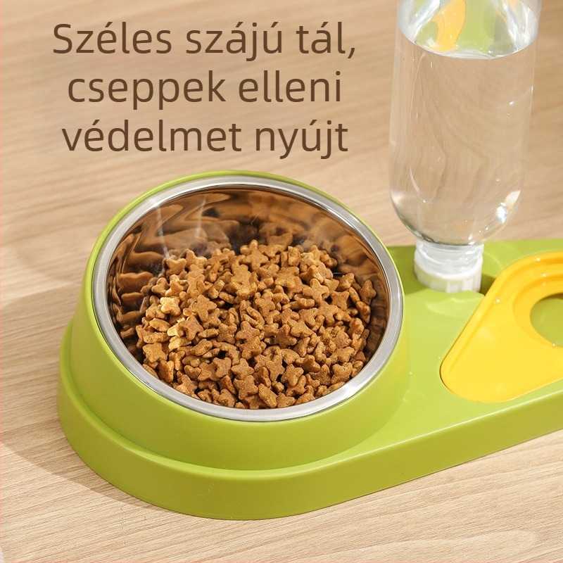 Macska etető készlet kettős tálakkal, műanyag + rozsdamentes acél, automata etetés, háziállat étkezési eszközök