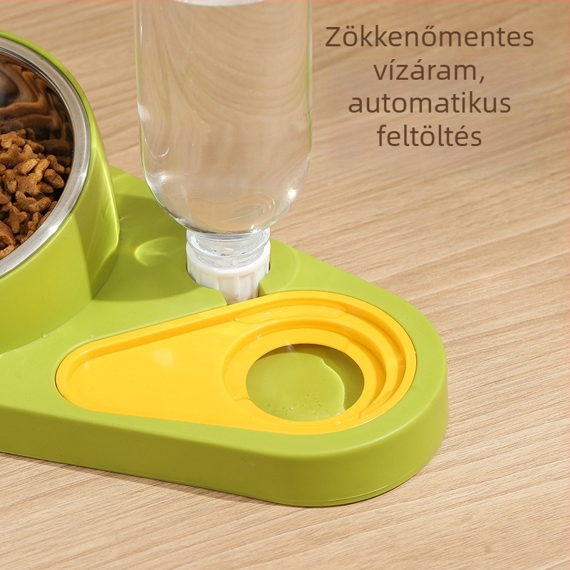 Macska etető készlet kettős tálakkal, műanyag + rozsdamentes acél, automata etetés, háziállat étkezési eszközök