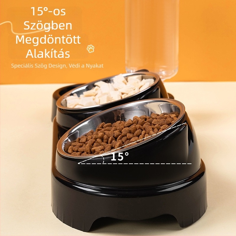 Rozsdamentes acélból készült kettős macskatál, automatikus vízellátás, 2-in-1 etetés és ivás