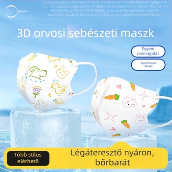 Gyerekeknek szóló orvosi sebészeti maszk, 3D tervezés, anyag: nemszőtt textília + meltblown, egyszer használatos, 30 darabos csomag, karikatúra stílus