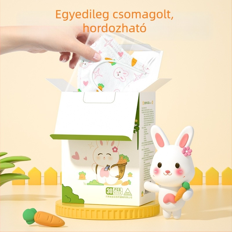 Gyerekeknek szóló orvosi sebészeti maszk, 3D tervezés, anyag: nemszőtt textília + meltblown, egyszer használatos, 30 darabos csomag, karikatúra stílus