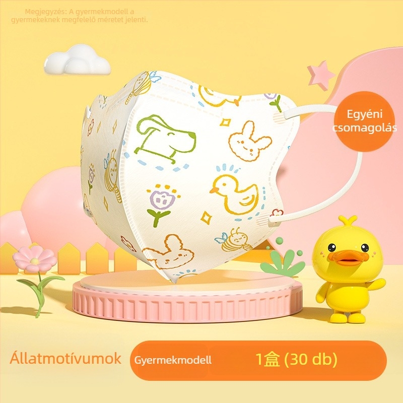Gyerekeknek szóló orvosi sebészeti maszk, 3D tervezés, anyag: nemszőtt textília + meltblown, egyszer használatos, 30 darabos csomag, karikatúra stílus