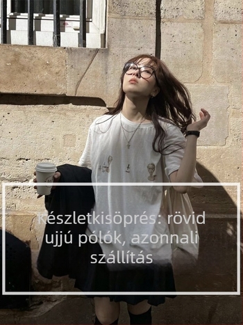 Pamut póló nyomott mintával, koreai-stílusú laza szabás, rövid ujjú, kerek nyak