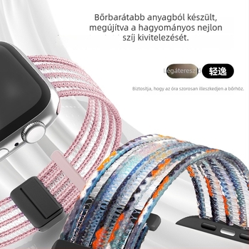 Nylon mágneses pánt Apple Watch S9-hez, kompatibilis S8/7/6 modelllekkel; légáteresztő, 20/22 mm csatlakozóval, méretek 38–49 mm.
