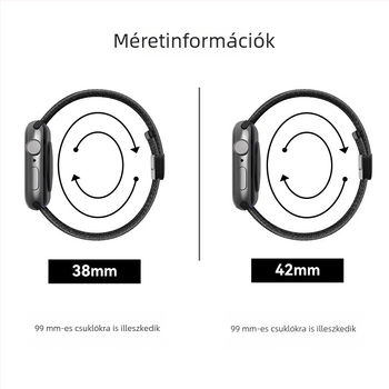 Nylon mágneses pánt Apple Watch S9-hez, kompatibilis S8/7/6 modelllekkel; légáteresztő, 20/22 mm csatlakozóval, méretek 38–49 mm.