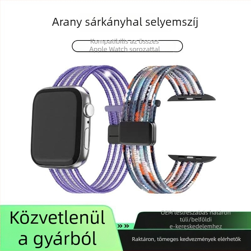 Nylon mágneses pánt Apple Watch S9-hez, kompatibilis S8/7/6 modelllekkel; légáteresztő, 20/22 mm csatlakozóval, méretek 38–49 mm.