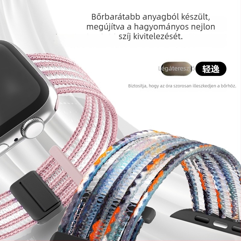 Nylon mágneses pánt Apple Watch S9-hez, kompatibilis S8/7/6 modelllekkel; légáteresztő, 20/22 mm csatlakozóval, méretek 38–49 mm.