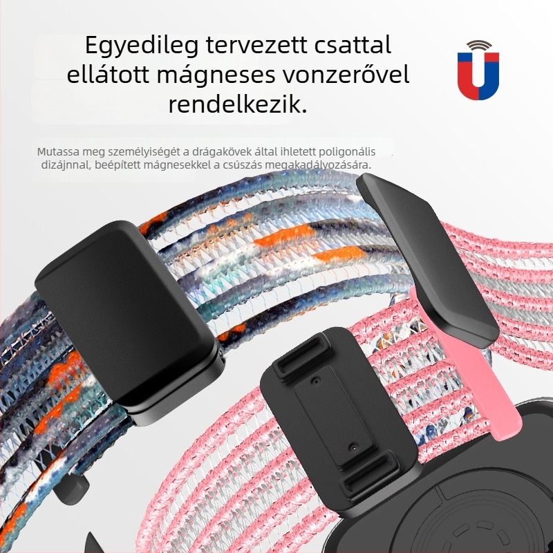 Nylon mágneses pánt Apple Watch S9-hez, kompatibilis S8/7/6 modelllekkel; légáteresztő, 20/22 mm csatlakozóval, méretek 38–49 mm.