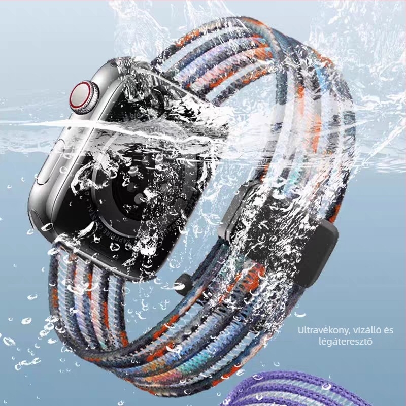 Nylon mágneses pánt Apple Watch S9-hez, kompatibilis S8/7/6 modelllekkel; légáteresztő, 20/22 mm csatlakozóval, méretek 38–49 mm.