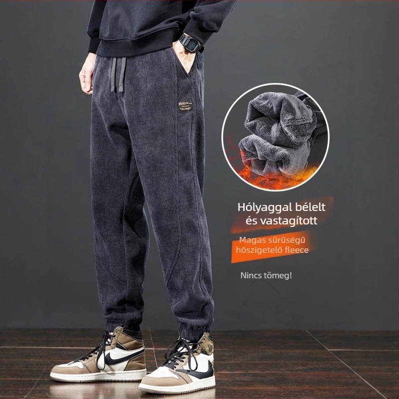 Corduroy anyagú sportos nadrág, vastag anyag, középmagas derék övvel, keskenyedő szabású, dekoratív zsebek