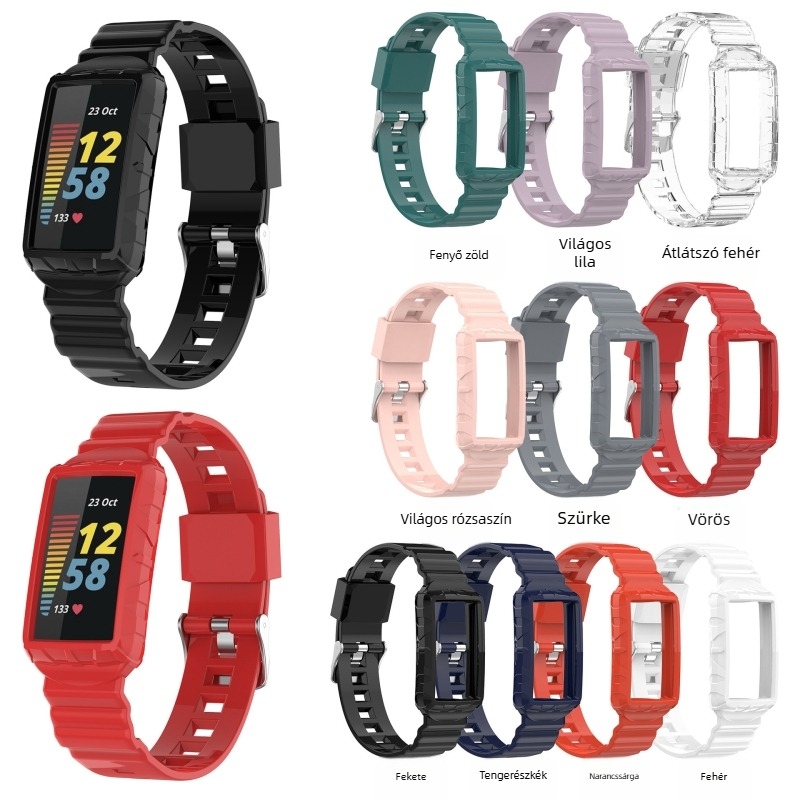 Armor szilikon karkötő Fitbit Charge6/Charge45-höz – egyrészes, kockás mintázatú univerzális szíj, egygyűrűs csattal, interfészméret testre szabható
