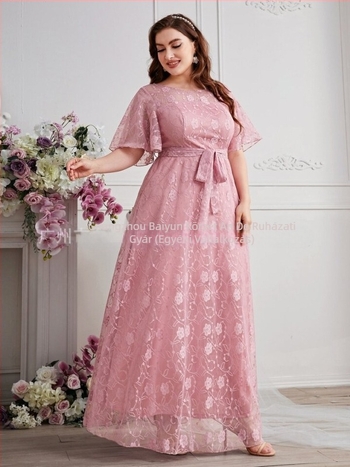 Koszorúslány ruha, európai és amerikai stílus, petals mintázatú chiffon, kerek nyakú, hosszú szoknya, 3/4-ujjú, elegáns stílus