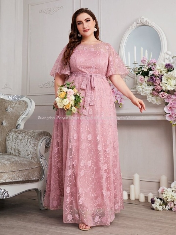 Koszorúslány ruha, európai és amerikai stílus, petals mintázatú chiffon, kerek nyakú, hosszú szoknya, 3/4-ujjú, elegáns stílus