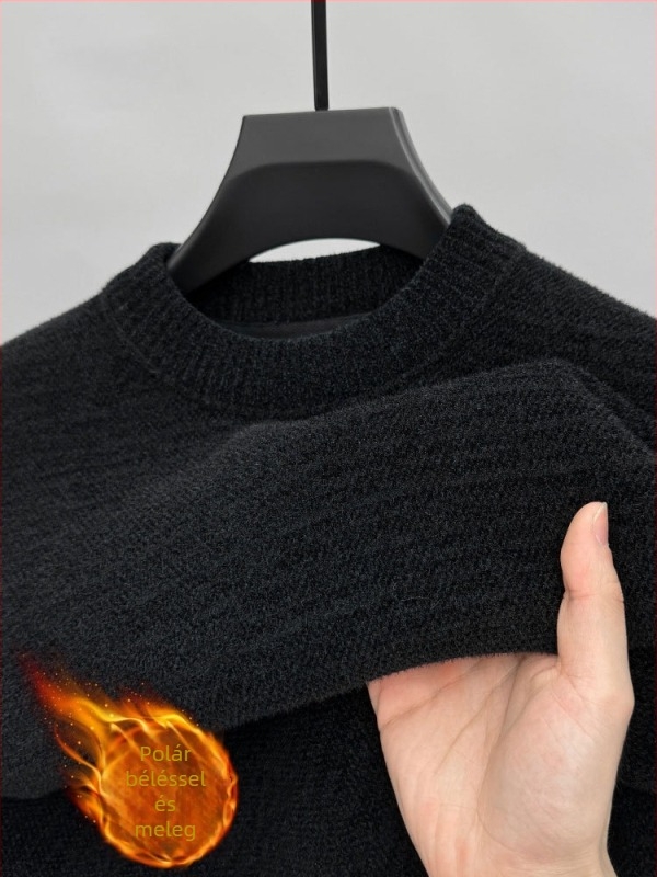 Férfi chenille vastag pulóver fleece-béléses, fél magas gallérral, téli meleg