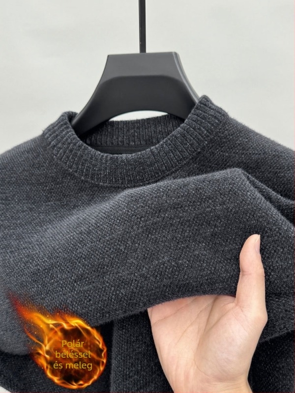 Férfi chenille vastag pulóver fleece-béléses, fél magas gallérral, téli meleg