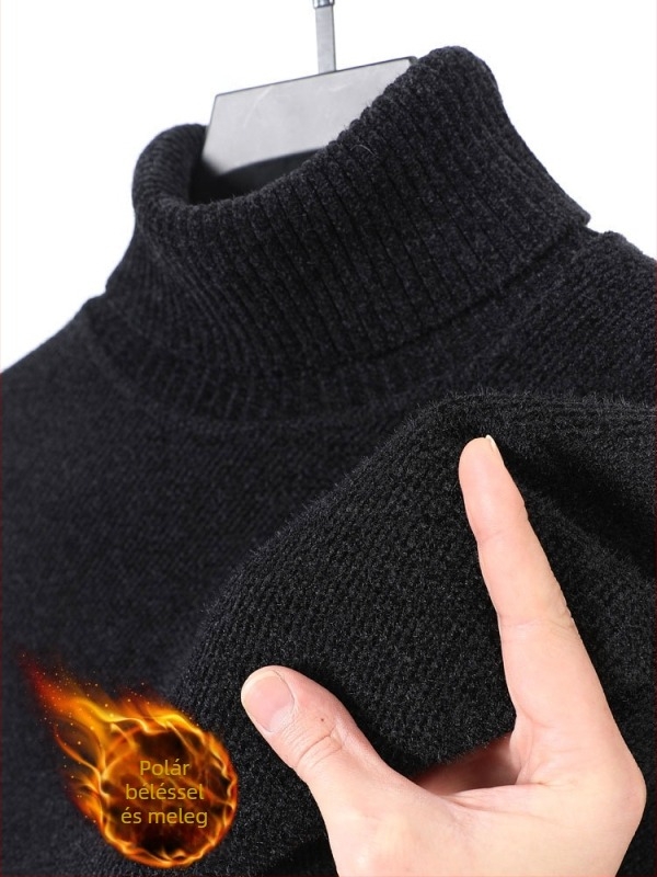 Férfi chenille vastag pulóver fleece-béléses, fél magas gallérral, téli meleg