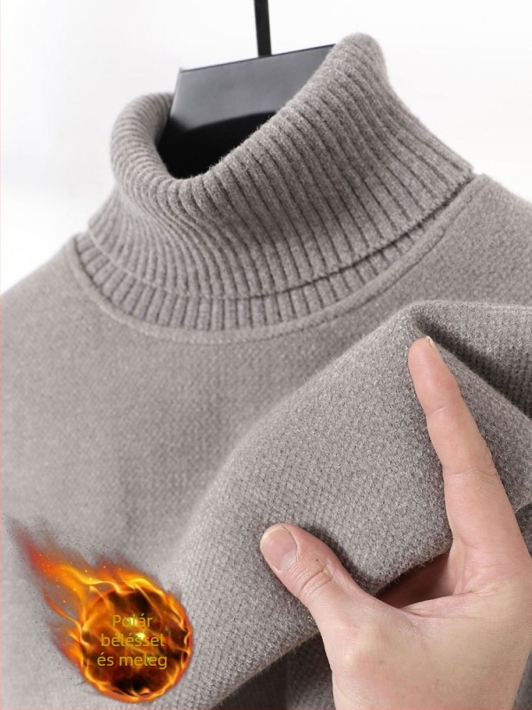 Férfi chenille vastag pulóver fleece-béléses, fél magas gallérral, téli meleg