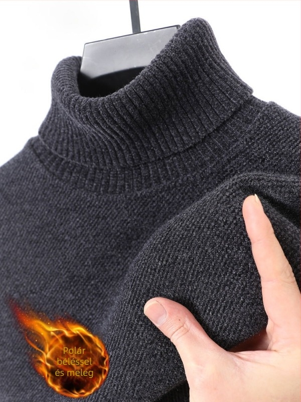 Férfi chenille vastag pulóver fleece-béléses, fél magas gallérral, téli meleg
