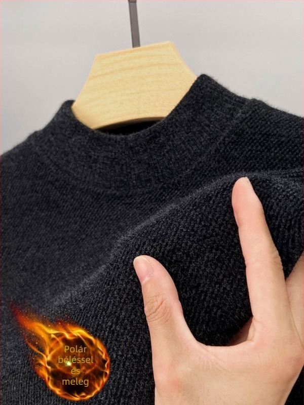 Férfi chenille vastag pulóver fleece-béléses, fél magas gallérral, téli meleg