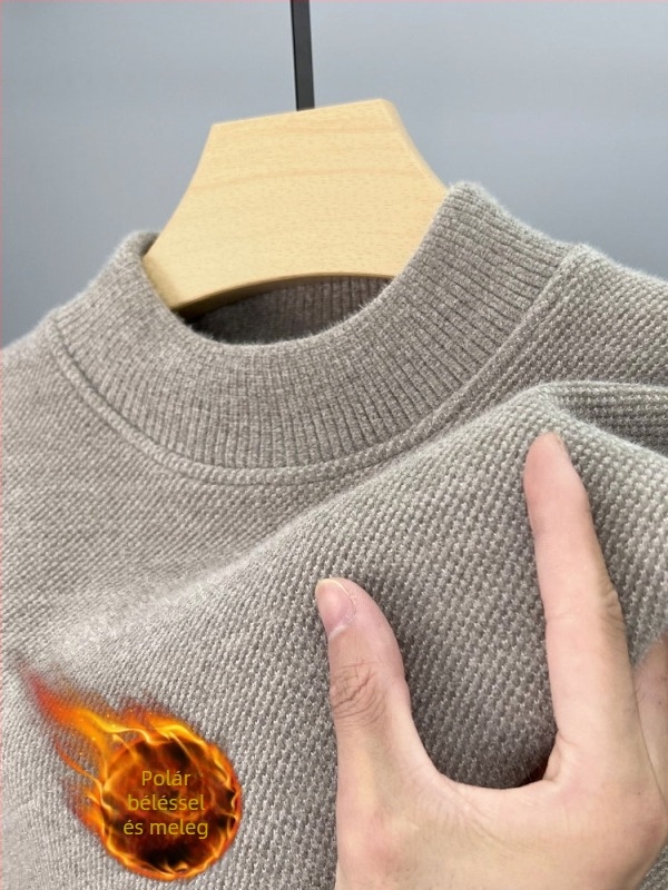Férfi chenille vastag pulóver fleece-béléses, fél magas gallérral, téli meleg