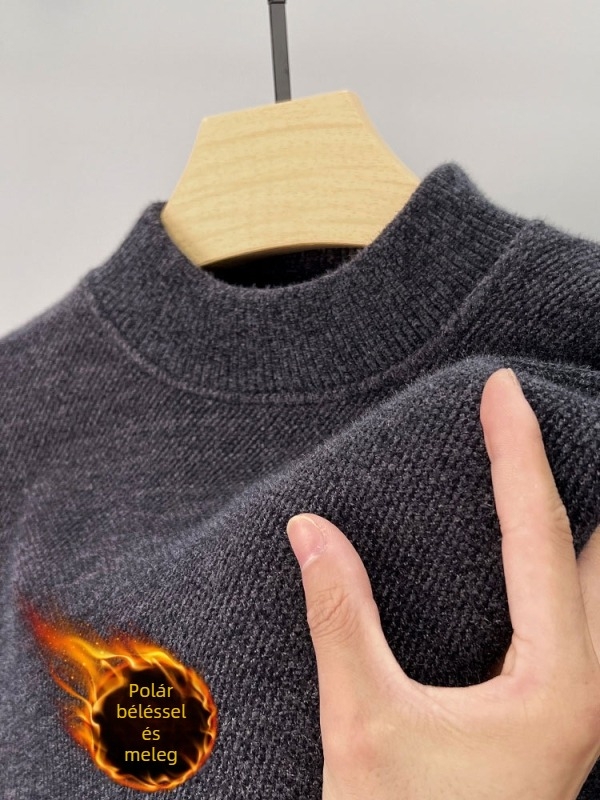 Férfi chenille vastag pulóver fleece-béléses, fél magas gallérral, téli meleg