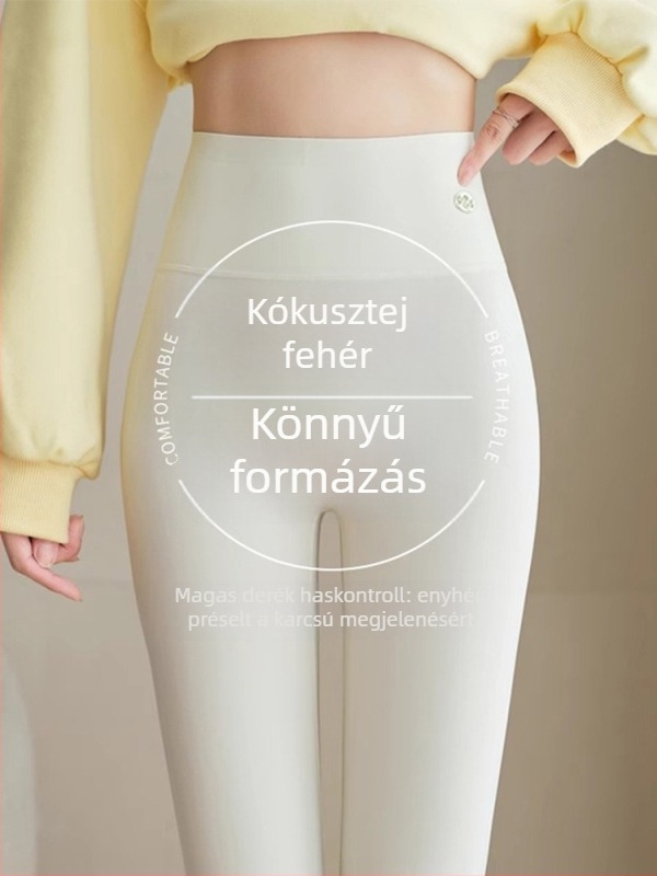 Női jóga leggings, magas derék, fleece belsővel, szoros szabás, tejfehér színben, tavasz–ősz