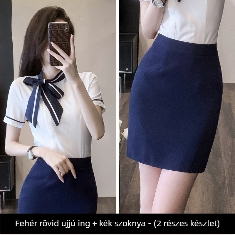 OL munkaruha készlet: blúz és rövid szoknya, szabályos ujjak, 3/4-es hosszú ujj, OL commuter stílus, poliészter 30-50% keverék, tavasz 2024