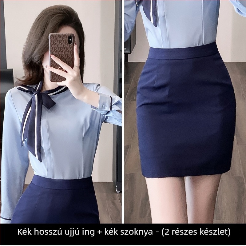 OL munkaruha készlet: blúz és rövid szoknya, szabályos ujjak, 3/4-es hosszú ujj, OL commuter stílus, poliészter 30-50% keverék, tavasz 2024