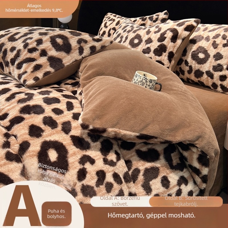 Maillard stílusú Rex nyúl velúr 4-részes ágyneműkészlet, tej-velúr és korall-velúr, leopard mintás, nordikus téli stílus