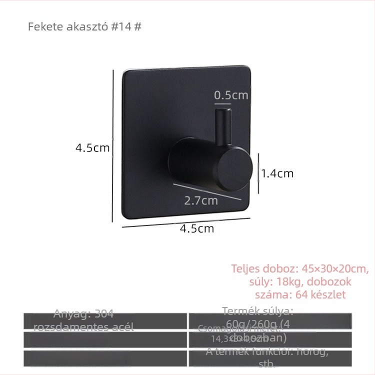 Rozsdamentes acél fürdőszobai öntapadós fogas, egyedi, modern minimalista stílus; teherbírás 5 kg; fúrás nélkül; ajtó mögötti szerelés.