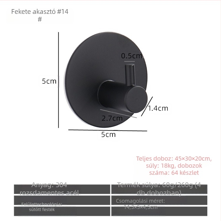 Rozsdamentes acél fürdőszobai öntapadós fogas, egyedi, modern minimalista stílus; teherbírás 5 kg; fúrás nélkül; ajtó mögötti szerelés.