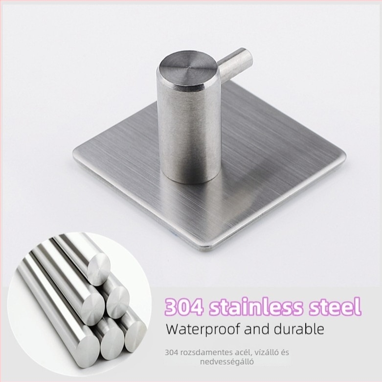 Rozsdamentes acél fürdőszobai öntapadós fogas, egyedi, modern minimalista stílus; teherbírás 5 kg; fúrás nélkül; ajtó mögötti szerelés.