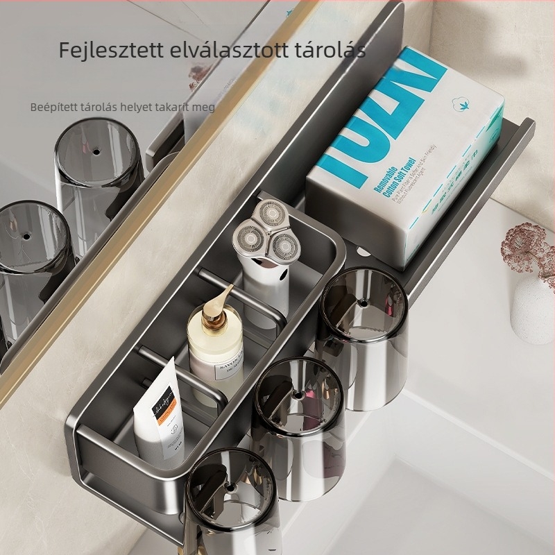 Fém fogkefetartó, falra szerelhető, fúrás nélkül, integrált tárolóval, szájöblítő pohár és papírtörlő tartóval