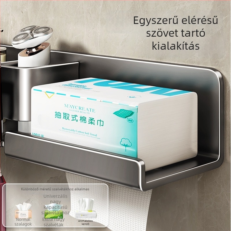 Fém fogkefetartó, falra szerelhető, fúrás nélkül, integrált tárolóval, szájöblítő pohár és papírtörlő tartóval