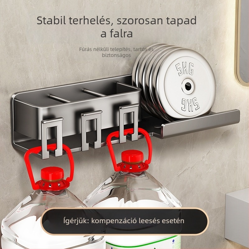 Fém fogkefetartó, falra szerelhető, fúrás nélkül, integrált tárolóval, szájöblítő pohár és papírtörlő tartóval