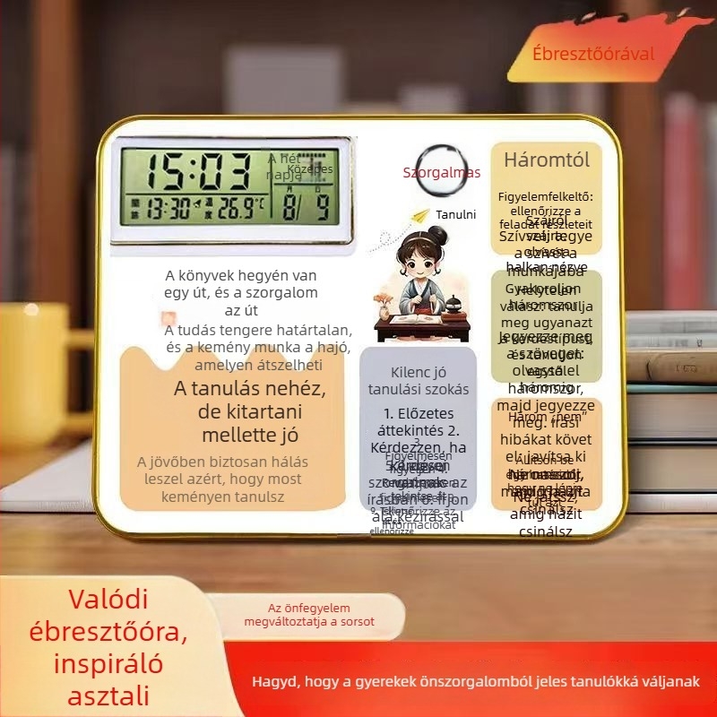 Ébresztőóra fotókerettel és asztali állvánnyal, dekoratív irodai kiegészítő naptárral, hőmérővel, holdfázis kijelzővel, hét napok és hónapok megjelenítésével