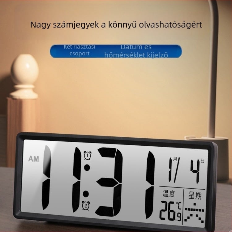 Asztali óra LED kijelzővel, csendes működés, Snooze funkció és éjszakai fény; akkumulátorról működik