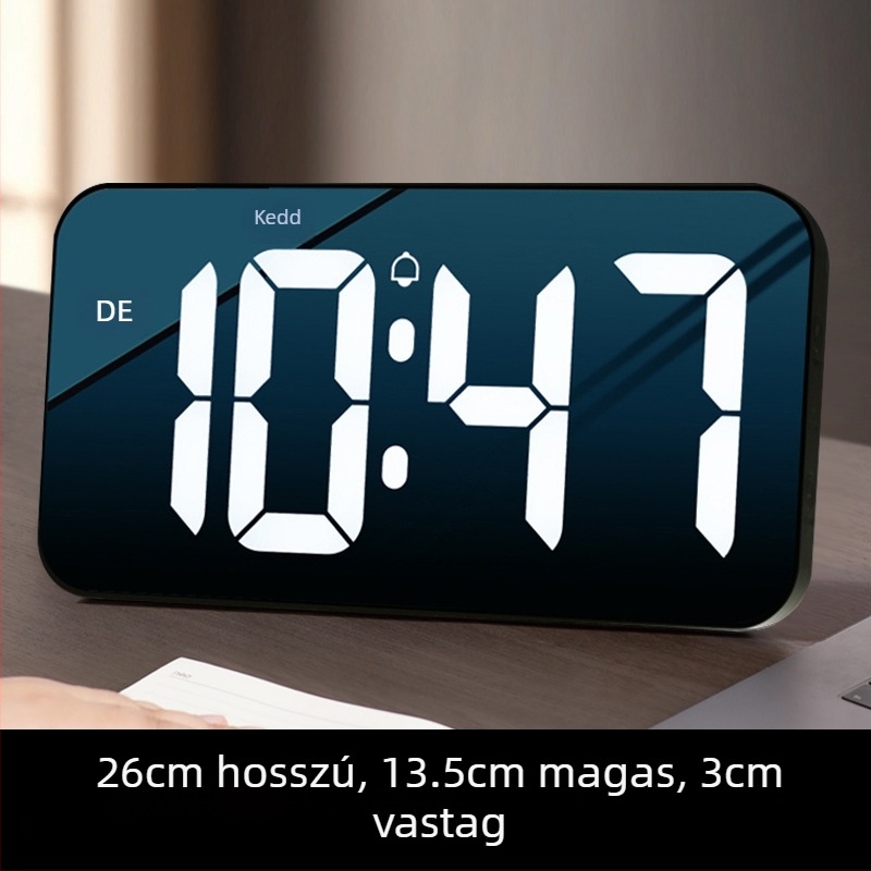 Asztali óra LED kijelzővel, csendes működés, Snooze funkció és éjszakai fény; akkumulátorról működik