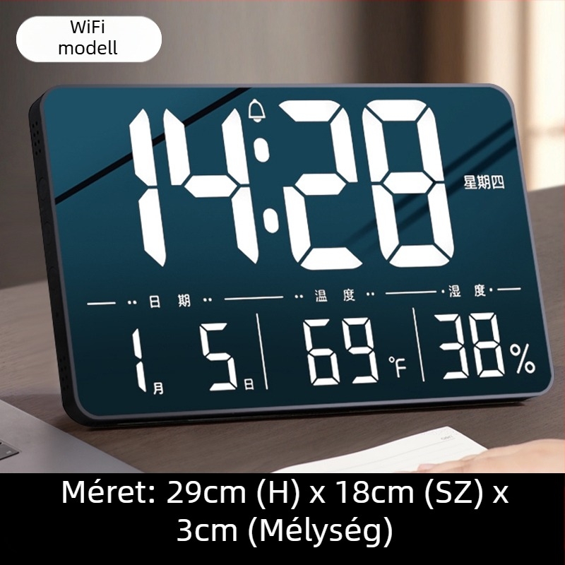Asztali óra LED kijelzővel, csendes működés, Snooze funkció és éjszakai fény; akkumulátorról működik