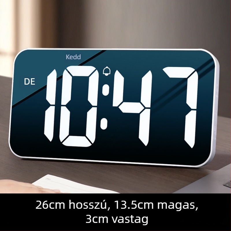 Asztali óra LED kijelzővel, csendes működés, Snooze funkció és éjszakai fény; akkumulátorról működik