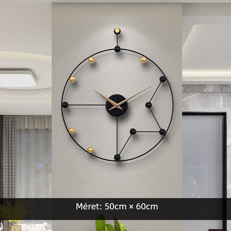 Nappali szobára való falióra, analóg mutatóval, Sun movement mechanizmus, elemmel működő, fém ház, fém számlap