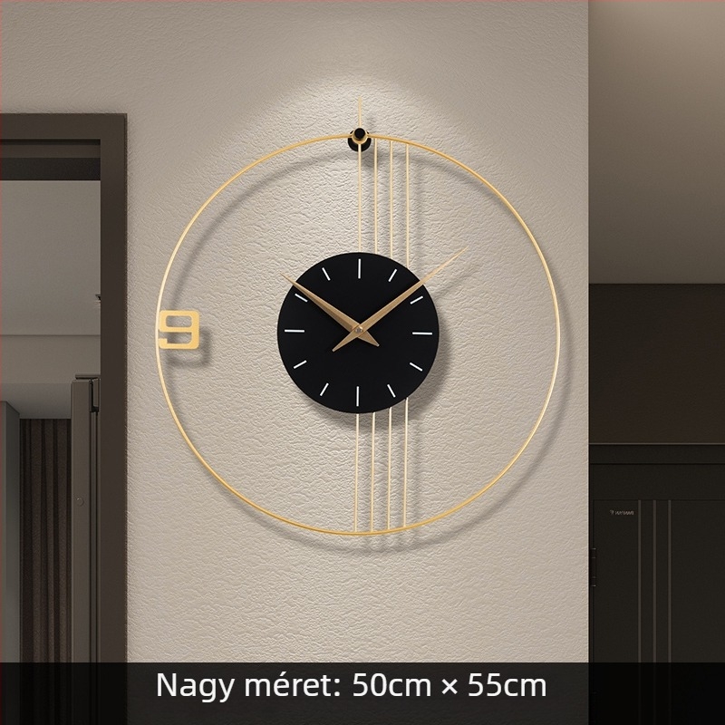 Nappali szobára való falióra, analóg mutatóval, Sun movement mechanizmus, elemmel működő, fém ház, fém számlap