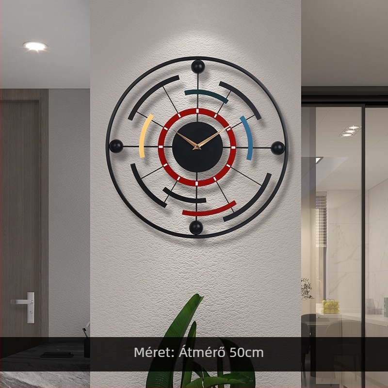Nappali szobára való falióra, analóg mutatóval, Sun movement mechanizmus, elemmel működő, fém ház, fém számlap