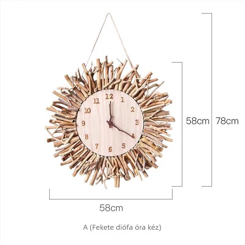 Fali óra, skandináv stílus, kerek fa számlappal, elemes működés, egyoldalas kvarc mechanizmus sima másodpercmutatóval