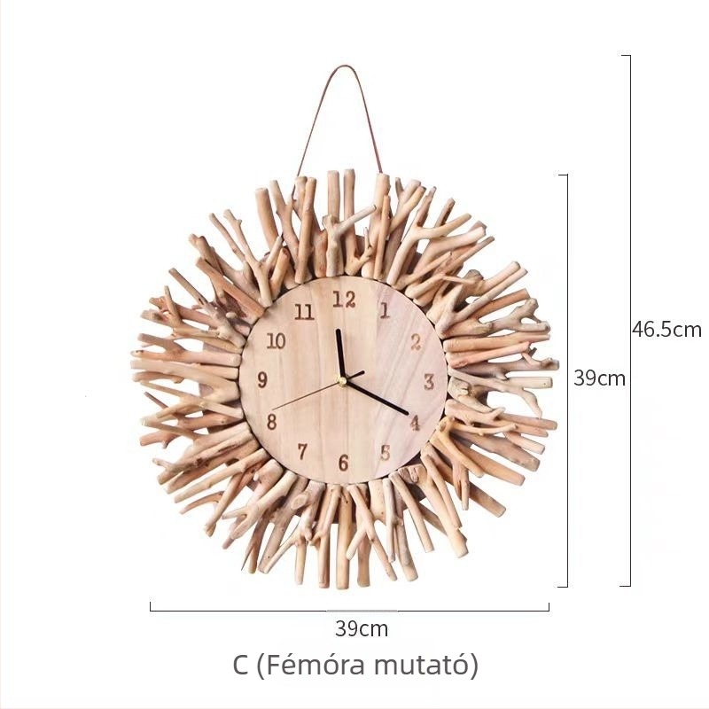 Fali óra, skandináv stílus, kerek fa számlappal, elemes működés, egyoldalas kvarc mechanizmus sima másodpercmutatóval