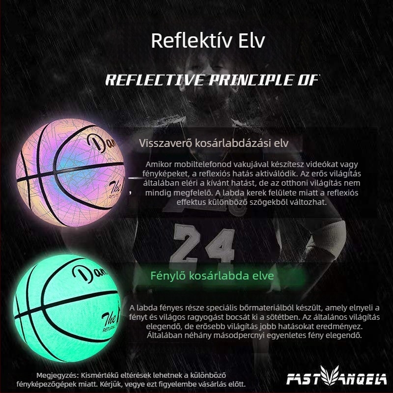 Reflektív fényű kosárlabda éjszakai világítással, fluoreszcens bevonattal, kopásálló, csúszásmentes, puha bőr felületű, felnőttek és tinédzserek számára