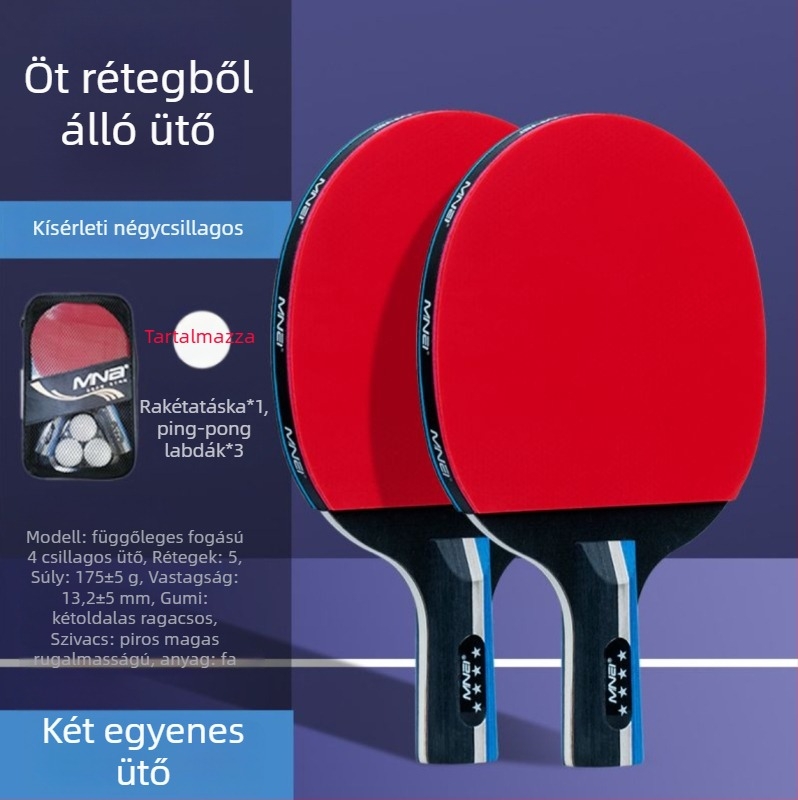 Asztaliteniszütő, kettős oldalú kezdők és gyerekek számára, magas rugalmasság; Basswood test; Long-glue gumi; ütés típusa Direct shot; alkalmas tollaslabdára és teniszre