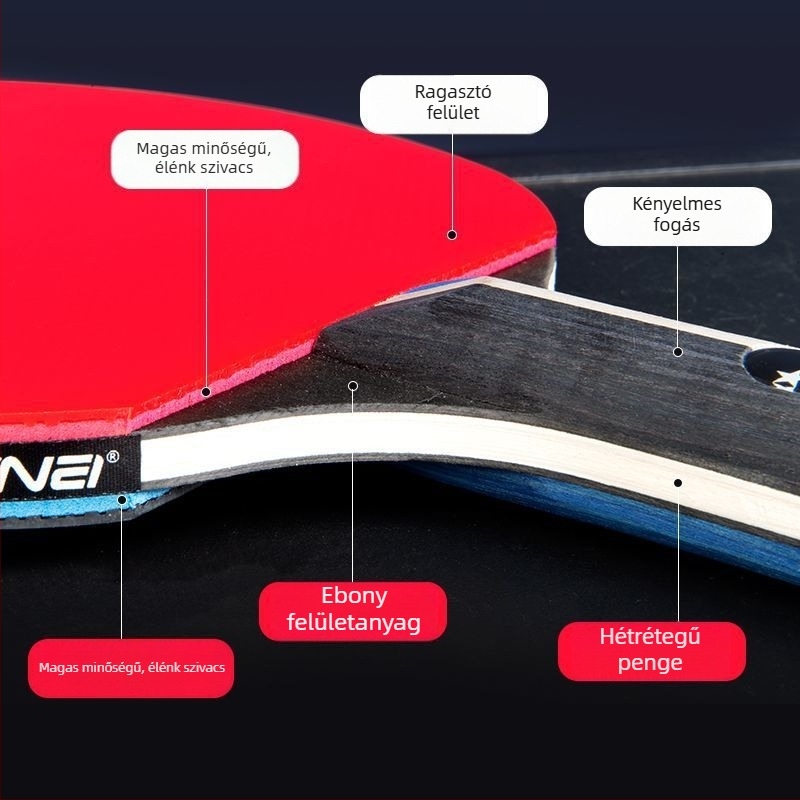 Asztaliteniszütő, kettős oldalú kezdők és gyerekek számára, magas rugalmasság; Basswood test; Long-glue gumi; ütés típusa Direct shot; alkalmas tollaslabdára és teniszre