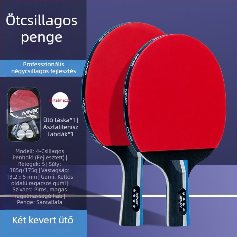 Asztaliteniszütő, kettős oldalú kezdők és gyerekek számára, magas rugalmasság; Basswood test; Long-glue gumi; ütés típusa Direct shot; alkalmas tollaslabdára és teniszre