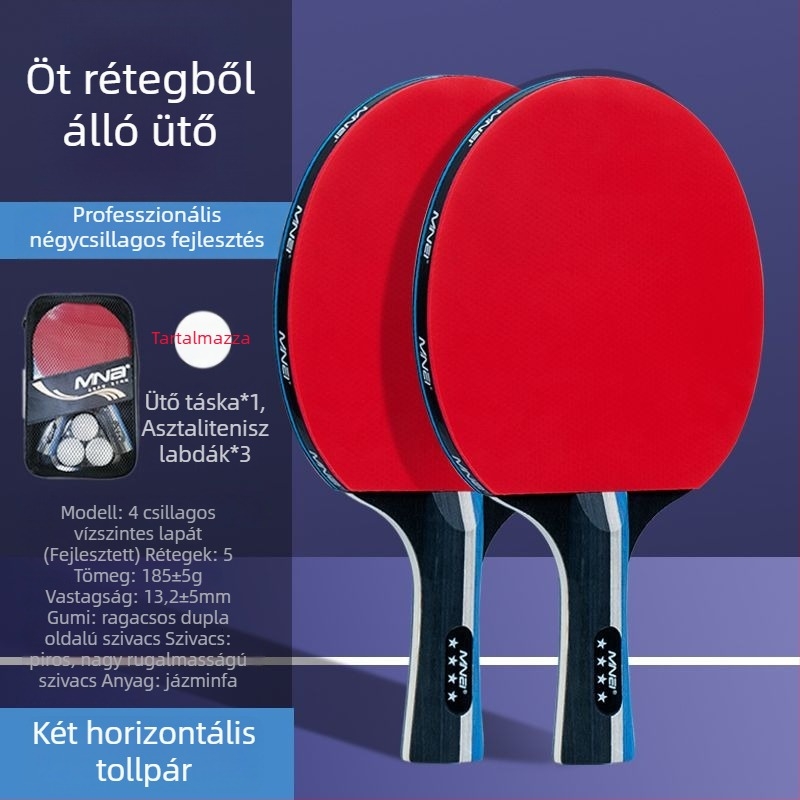 Asztaliteniszütő, kettős oldalú kezdők és gyerekek számára, magas rugalmasság; Basswood test; Long-glue gumi; ütés típusa Direct shot; alkalmas tollaslabdára és teniszre